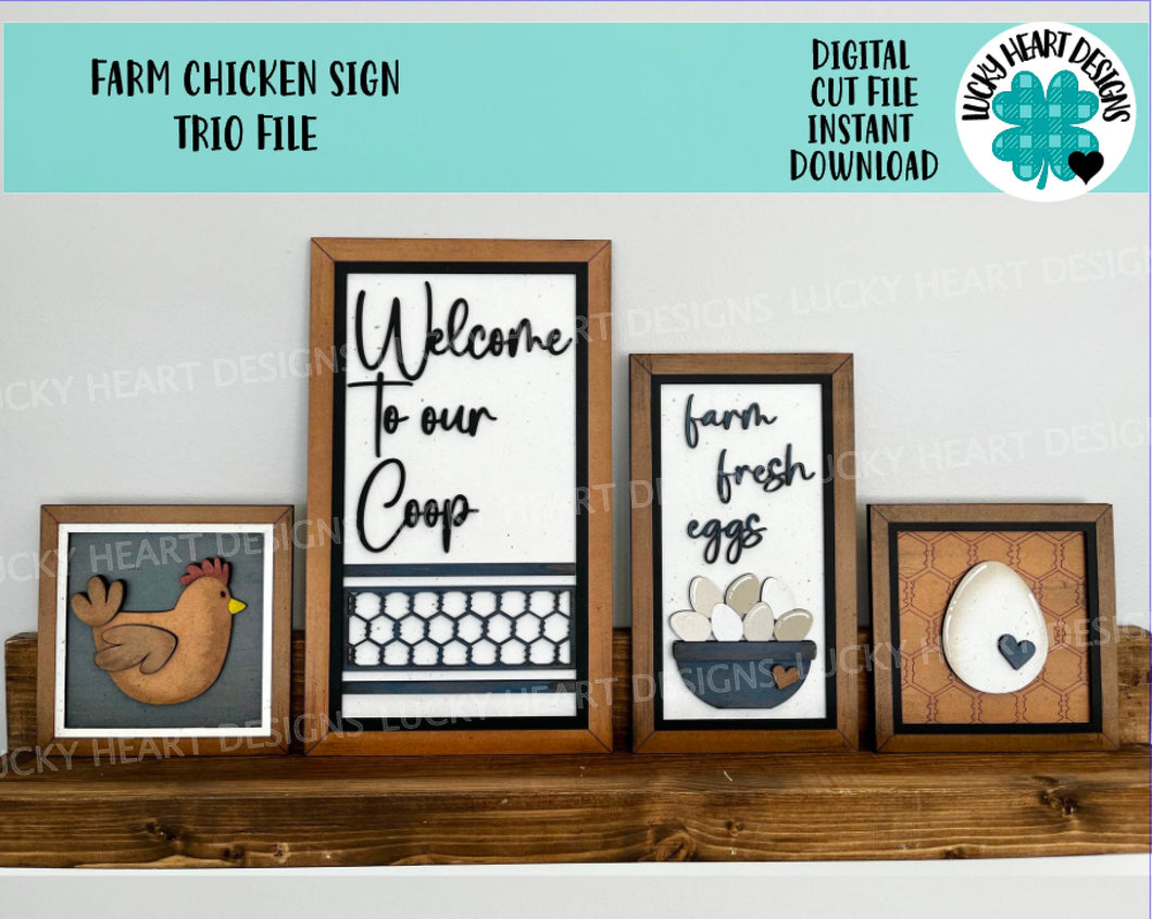 Farm Chicken Sign Trio File SVG, Glowforge Farmhouse Egg, LuckyHeartDesignsCo