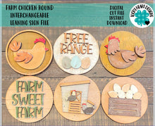 Load image into Gallery viewer, Farm Chicken Round Interchangeable Leaning Sign File SVG, Farm Tiered Tray Glowforge, LuckyHeartDesignsCo
