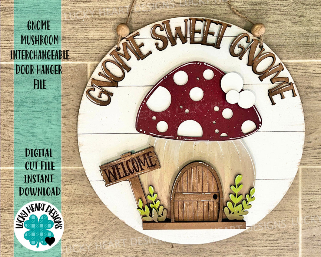 Gnome Mushroom Interchangeable Door Hanger File SVG, Glowforge House, LuckyHeartDesignsCo