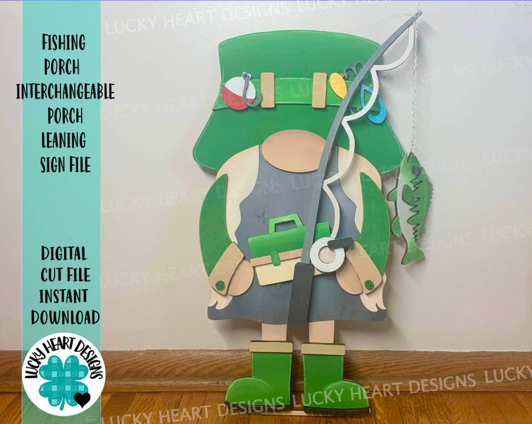 Fishing Tall Porch Gnome Interchangeable Leaning Sign File SVG, Glowforge Summer , LuckyHeartDesignsCo
