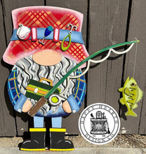 Load image into Gallery viewer, Fishing Tall Porch Gnome Interchangeable Leaning Sign File SVG, Glowforge Summer , LuckyHeartDesignsCo
