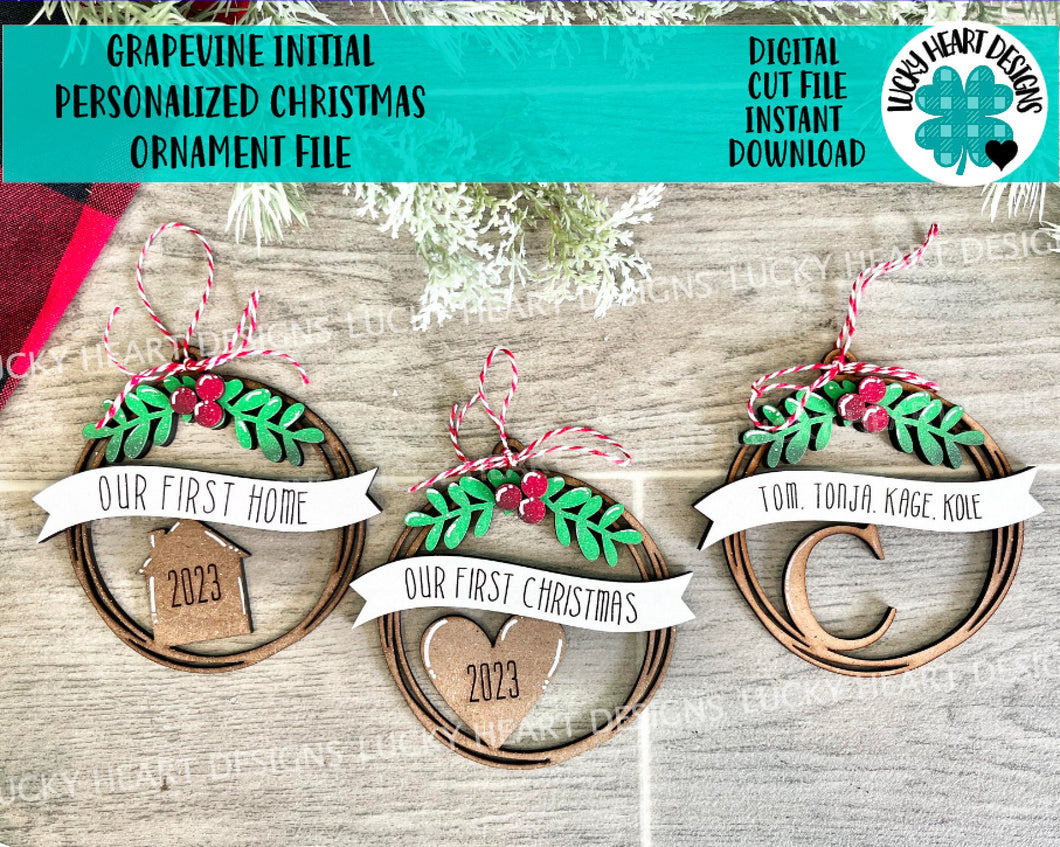 Grapevine Initial Personalized Christmas Ornament File SVG, Glowforge Wreath Holiday Farmhouse, LuckyHeartDesignsCo