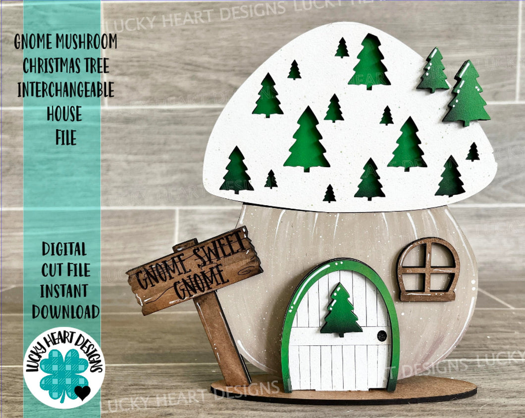 Gnome Mushroom Christmas Tree Interchangeable House File SVG, (add on) Tiered Tray, Glowforge, LuckyHeartDesignsCoPeace Love