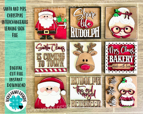 Santa and Mrs. Christmas Interchangeable Leaning Sign File SVG, Rudolph, Glowforge, LuckyHeartDesignsCo
