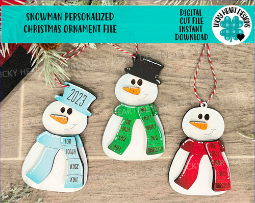 Snowman Family Personalized Christmas Ornament File SVG, Glowforge, LuckyHeartDesignsCo