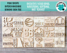 Load image into Gallery viewer, MINI Sports Interchangeable Leaning Sign File SVG, Tiered Tray Football, Baseball, Soccer, Cheer, Volleyball, Glowforge, LuckyHeartDesignsCo
