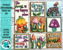 Load image into Gallery viewer, Mushroom Interchangeable Leaning Sign File SVG, Tiered Tray, Gnome, Spring, Garden, Fairy, Glowforge, LuckyHeartDesignsCo
