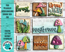 Load image into Gallery viewer, MINI Mushroom Interchangeable Leaning Sign File SVG, Gnome Fairy House, Garden, Tiered Tray Glowforge, LuckyHeartDesignsCo
