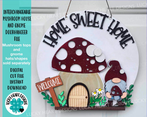 Interchangeable Mushroom House and Gnome Door Hanger File SVG, Glowforge, LuckyHeartDesignsCo