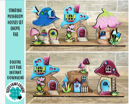 Standing Mushroom Houses Set Gnome File SVG, Fall Glowforge, Fairy Village, LuckyHeartDesignsCo