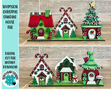Load image into Gallery viewer, Whimsical Christmas Standing Houses File SVG, Glowforge, Santa&#39;s Village, LuckyHeartDesignsCO
