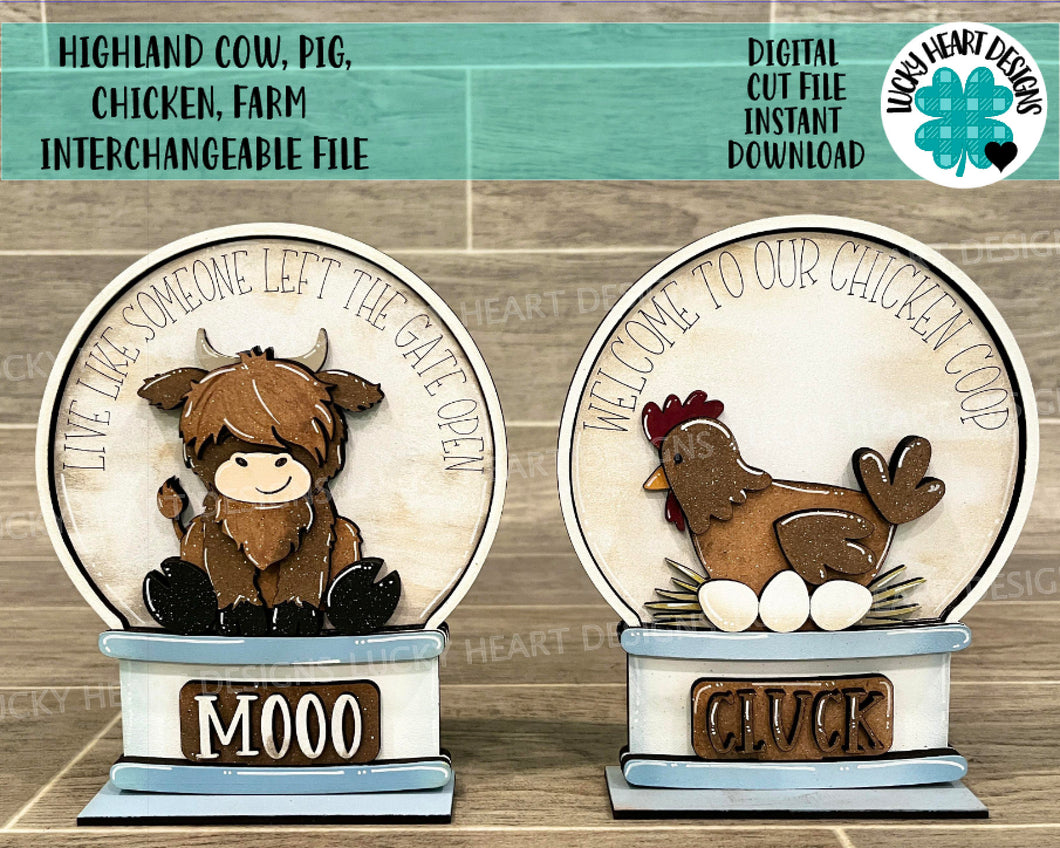 Highland Cow, Pig, Chicken, Farm Snow Globe Interchangeable File SVG, Glowforge Tiered Tray LuckyHeartDesignsCo