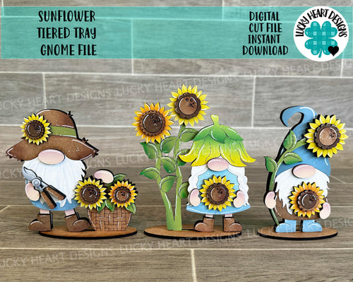 Sunflower Tiered Tray Gnome File SVG, Fall Summer Tiered Tray Holiday Decor, Glowforge, LuckyHeartDesignsCo