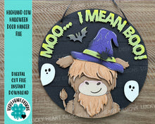 Load image into Gallery viewer, Highland Cow Halloween Door Hanger File SVG, Farm Glowforge, Witch, LuckyHeartDesignsCo

