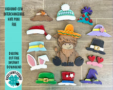 Load image into Gallery viewer, Highland Cow Interchangeable Hats MINI File SVG, Seasonal sign, Holiday, Farm Tiered Tray Glowforge, LuckyHeartDesignsCo

