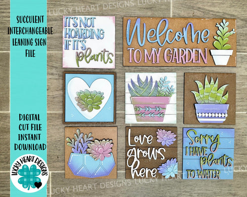 Succulent Garden Interchangeable Leaning Sign File SVG, Tiered Tray Glowforge, LuckyHeartDesignsCo