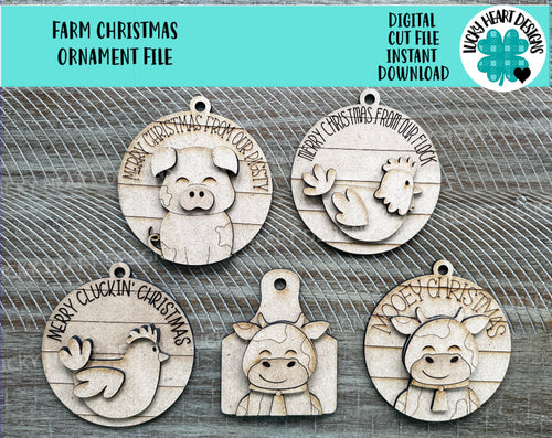 Farm Christmas Ornament File SVG, Glowforge, Pig, Cow, Chicken, LuckyHeartDesignsCo