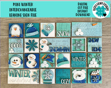 Load image into Gallery viewer, MINI Winter Interchangeable Leaning Sign File SVG, Snowman, Hot Cocoa, Snowflake, Mittens, Tiered Tray Glowforge, LuckyHeartDesignsCo
