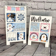 Load image into Gallery viewer, MINI Winter Interchangeable Leaning Sign File SVG, Snowman, Hot Cocoa, Snowflake, Mittens, Tiered Tray Glowforge, LuckyHeartDesignsCo
