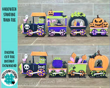 Load image into Gallery viewer, Halloween Standing Train File, Glowforge, Pumpkin, Skull, Frankenstein, Jack o Lantern, LuckyHeartDesignsCo
