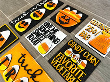 Load image into Gallery viewer, Candy Corn Interchangeable Leaning Sign File SVG, Glowforge Tiered Tray, Halloween, LuckyHeartDesignsCo
