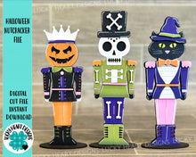 Load image into Gallery viewer, Halloween Nutcracker File SVG, Glowforge Jack-o-lantern, Black Cat, Skull, Skeleton, Tiered Tray, LuckyHeartDesignsCo
