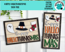 Load image into Gallery viewer, Happy HalloThanksMas Sign File SVG, Glowforge, Halloween, Thanksgiving, Christmas, LuckyHeartDesignsCO
