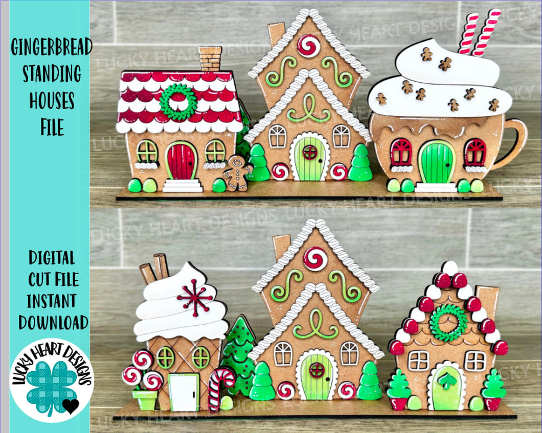 Gingerbread Standing Houses File SVG, Glowforge, Santa Village, Hot Cocoa, LuckyHeartDesignsCO