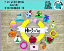 Load image into Gallery viewer, Pencil School Round Welcome Interchangeable SVG FILE, Teacher, Holiday, Seasonal Shapes, glowforge, LuckyHeartDesignsCo
