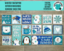 Load image into Gallery viewer, Snowman Winter Interchangeable Leaning Sign File SVG, glowforge Snowman, Hot Cocoa, Tiered Tray, LuckyHeartDesignsCo
