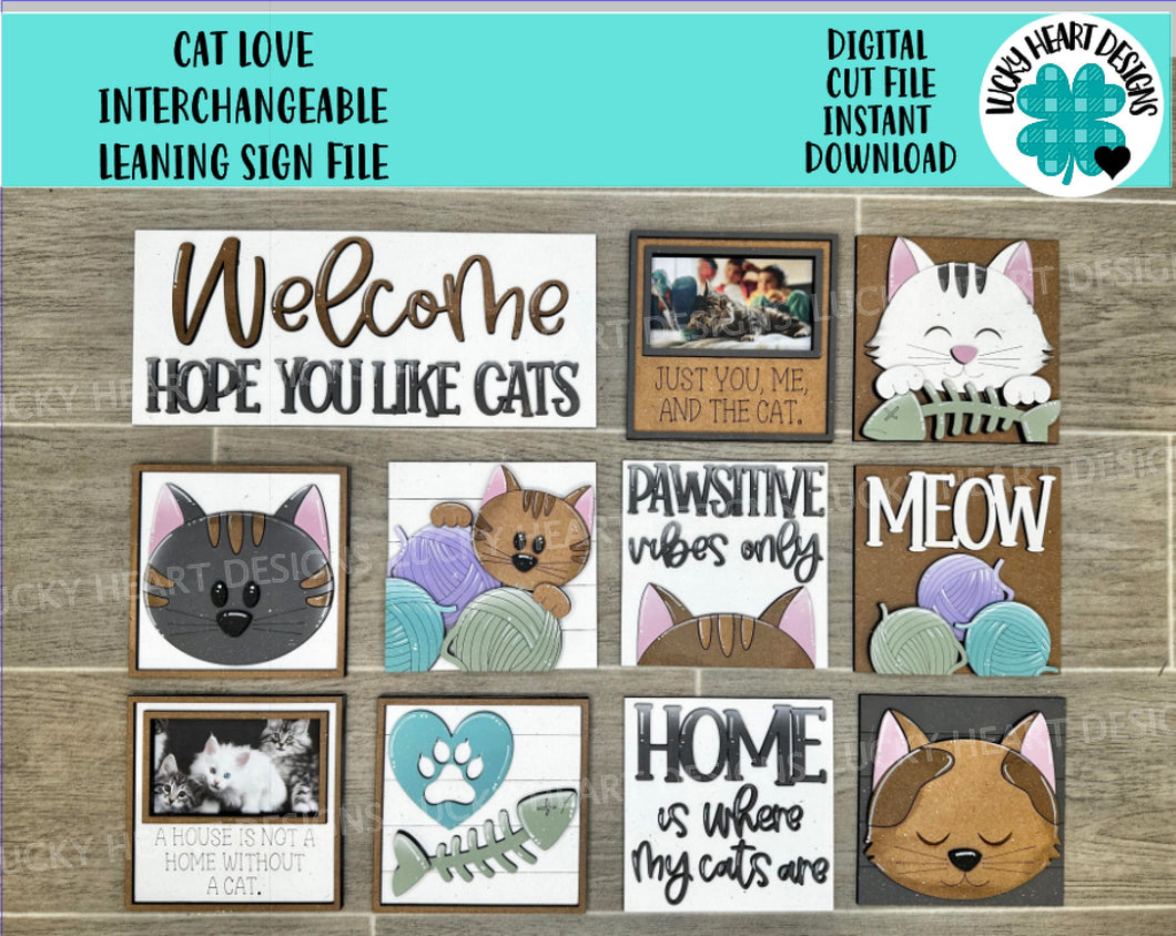 Cat Love Interchangeable Leaning Sign File SVG, Tiered Tray Glowforge, LuckyHeartDesignsCo