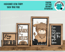 Load image into Gallery viewer, Highland Cow Farm Sign Trio File SVG, Glowforge Farmhouse, LuckyHeartDesignsCo
