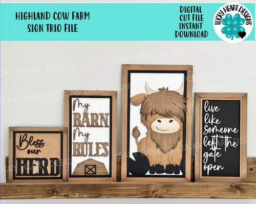 Highland Cow Farm Sign Trio File SVG, Glowforge Farmhouse, LuckyHeartDesignsCo