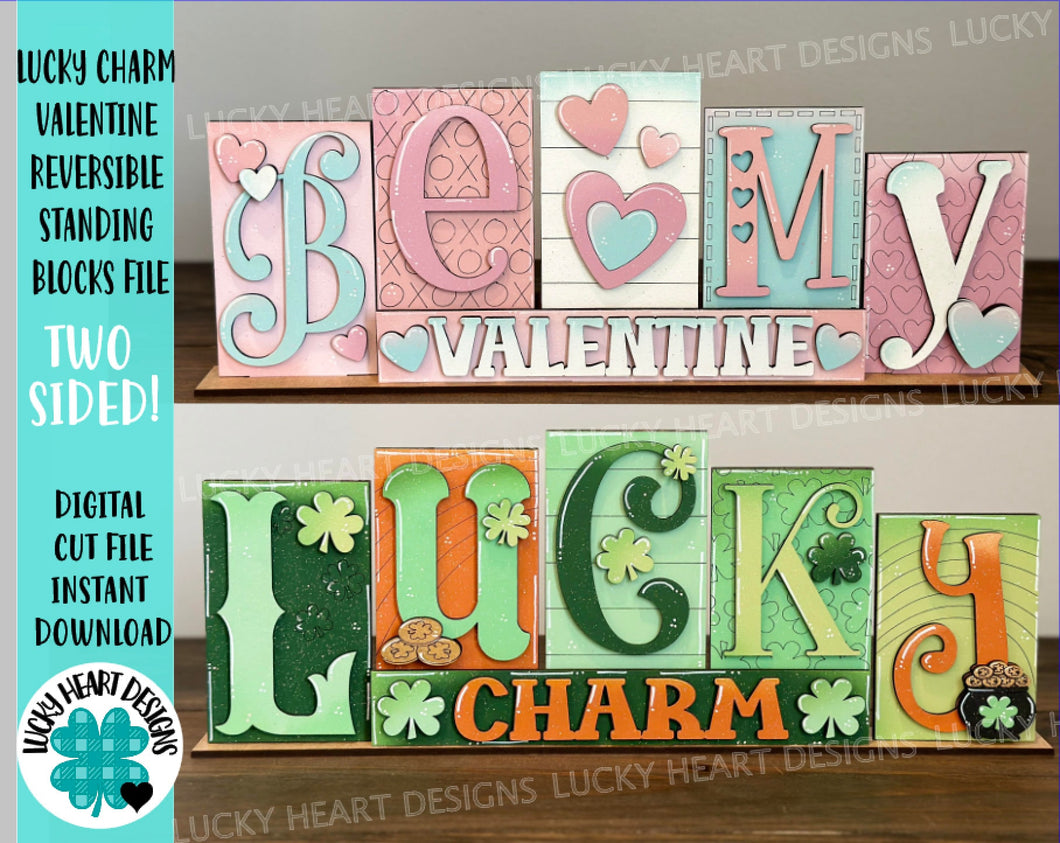 Lucky Charm Valentine Reversible Standing Blocks File SVG, Tiered Tray Valentines, St. Patrick's Day, Clover, Glowforge, LuckyHeartDesignsCo