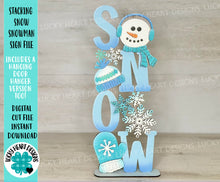 Load image into Gallery viewer, Stacking Snow Snowman Sign File SVG. Sledding, Door Hanger, Hot Cocoa, Snowman Glowforge, LuckyHeartDesignsCo
