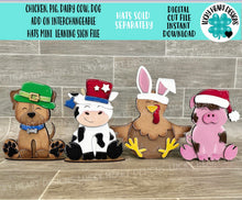Load image into Gallery viewer, Chicken, Pig, Dairy Cow, Dog Interchangeable Animal Hats MINI File SVG, Seasonal sign, Holiday, Farm, Pet, Glowforge, LuckyHeartDesignsCo
