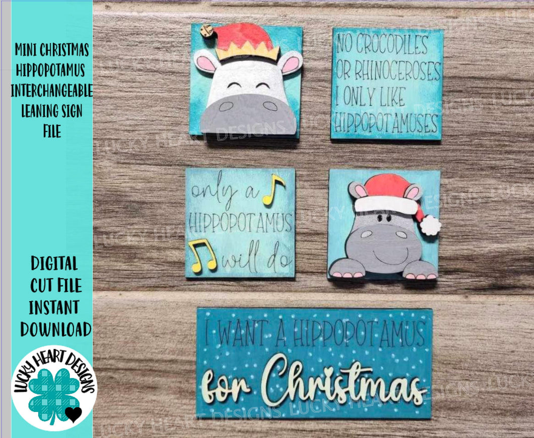 MINI Hippopotamus Christmas Interchangeable Leaning Sign File SVG, Tiered Tray Glowforge, LuckyHeartDesignsCo