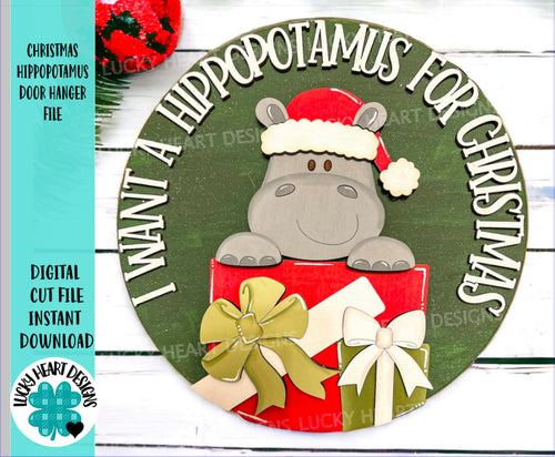 Christmas Hippopotamus Door Hanger File SVG, Glowforge, Santa, LuckyHeartDesignsCo