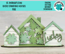 Load image into Gallery viewer, St. Patrick&#39;s Day Lucky Standing House Trio file SVG, Glowforge, Clover, LuckyHeartDesignsCo
