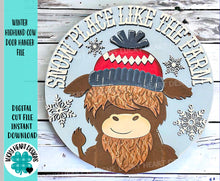 Load image into Gallery viewer, Winter Highland Cow Door Hanger File SVG, Glowforge, Farm, LuckyHeartDesignsCo
