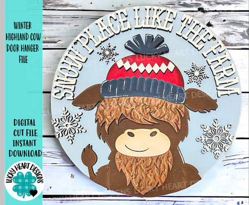 Winter Highland Cow Door Hanger File SVG, Glowforge, Farm, LuckyHeartDesignsCo