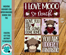 Load image into Gallery viewer, Valentine Highland Cow Interchangeable Leaning Sign File SVG, Glowforge Tiered Tray, LuckyHeartDesignsCo
