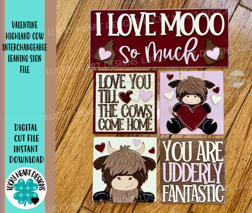 Valentine Highland Cow Interchangeable Leaning Sign File SVG, Glowforge Tiered Tray, LuckyHeartDesignsCo