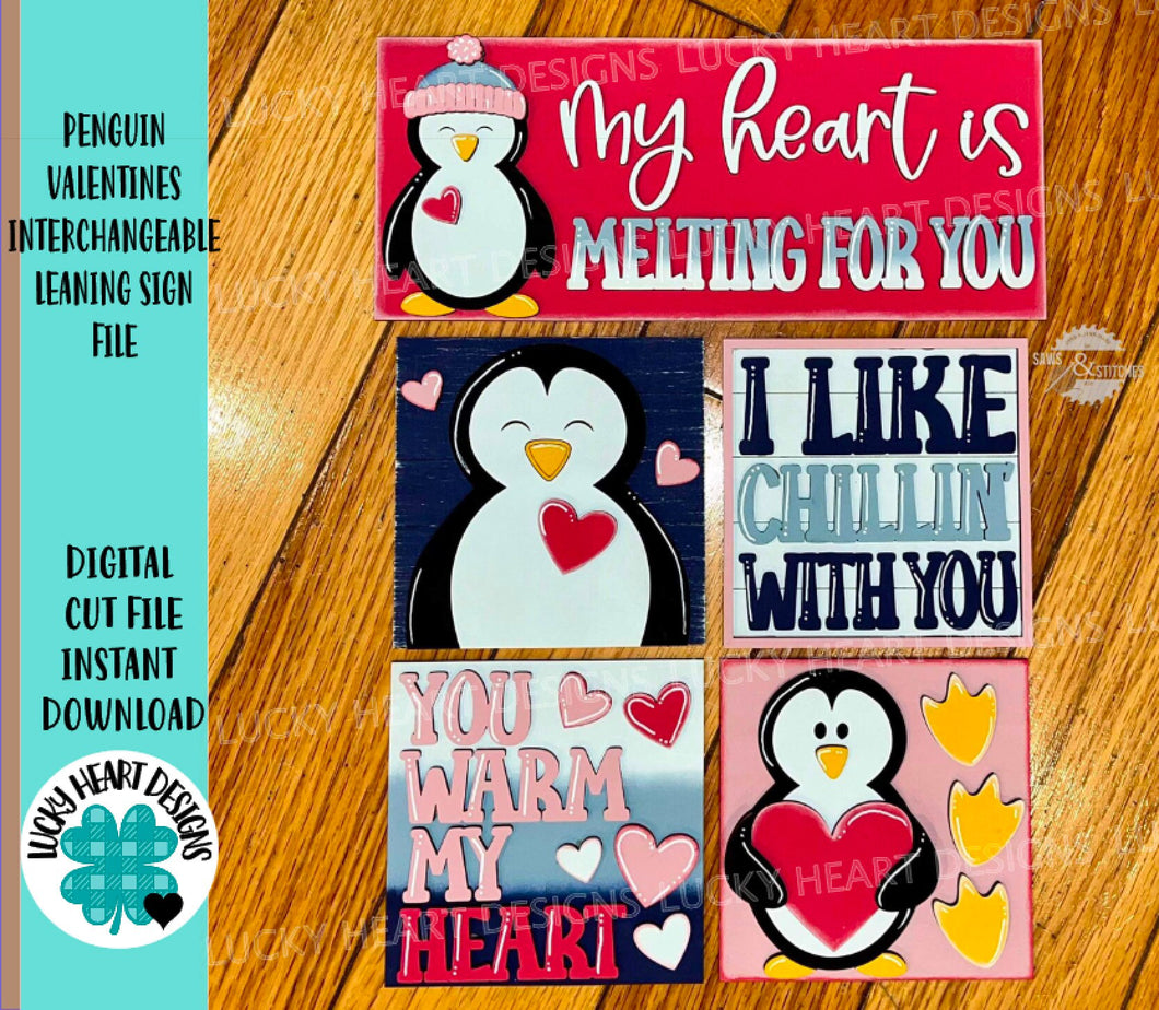 Penguin Valentine Interchangeable Leaning Sign File SVG, Glowforge Tiered Tray, LuckyHeartDesignsCo