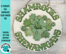 Load image into Gallery viewer, St. Patrick&#39;s Day Shamrocks Door Hanger file SVG, Glowforge, Clover, LuckyHeartDesignsCo
