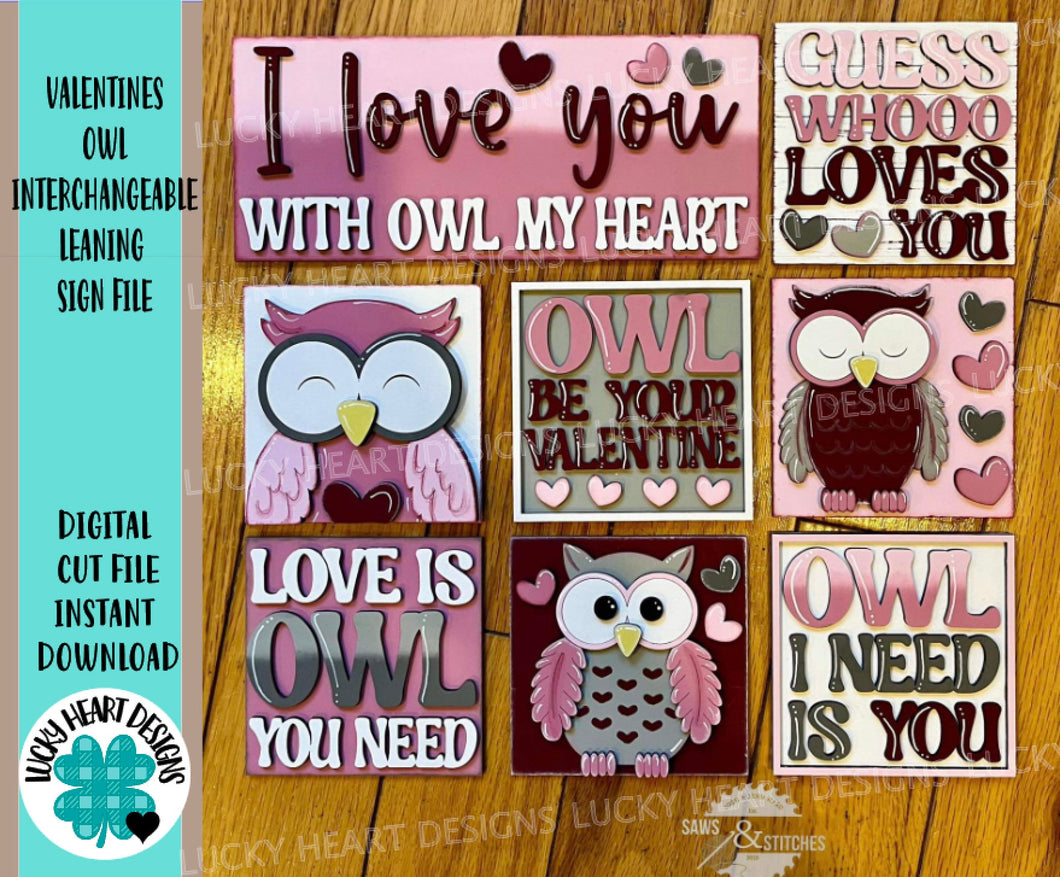 Valentine Owl Interchangeable Leaning Sign File SVG, Glowforge Tiered Tray, LuckyHeartDesignsCo