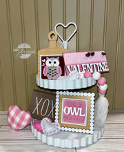 Load image into Gallery viewer, MINI Valentines Owl Interchangeable Leaning Sign File SVG, Heart, Love, Cupid Tiered Tray Glowforge, LuckyHeartDesignsCo
