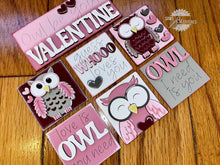 Load image into Gallery viewer, MINI Valentines Owl Interchangeable Leaning Sign File SVG, Heart, Love, Cupid Tiered Tray Glowforge, LuckyHeartDesignsCo
