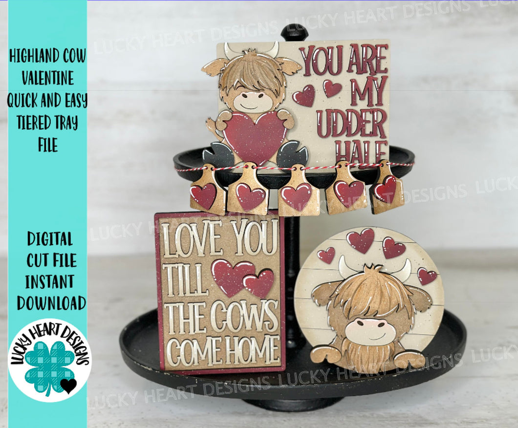 Highland Cow Valentines Quick and Easy Tiered Tray File SVG, Glowforge, LuckyHeartDesignsCo