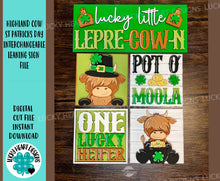 Load image into Gallery viewer, Highland Cow St. Patrick&#39;s Day Interchangeable Leaning Sign File SVG, Glowforge Tiered Tray, LuckyHeartDesignsCo
